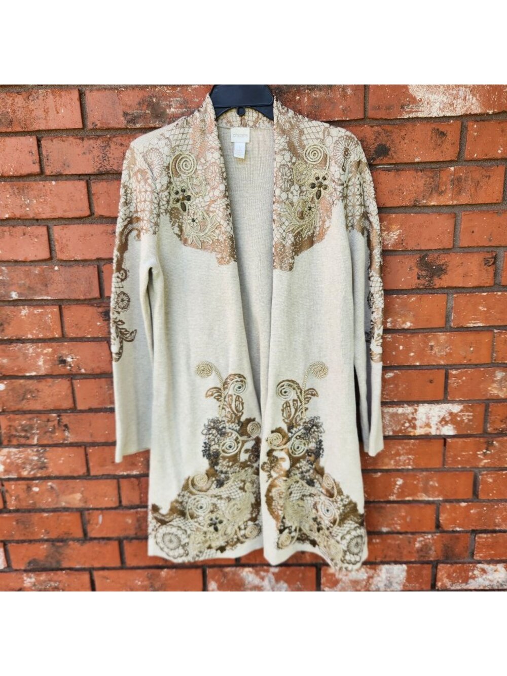 Chico's Beige & Gold Embroidered Open Front Cardigan with Lace & Beaded Details